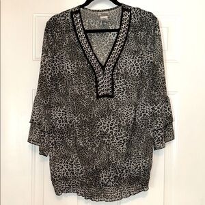 Evolution by JMS Sheer Leopard Top/Blouse 1X 3/4 Bell Sleeve Chain Trim Blck/Gry
